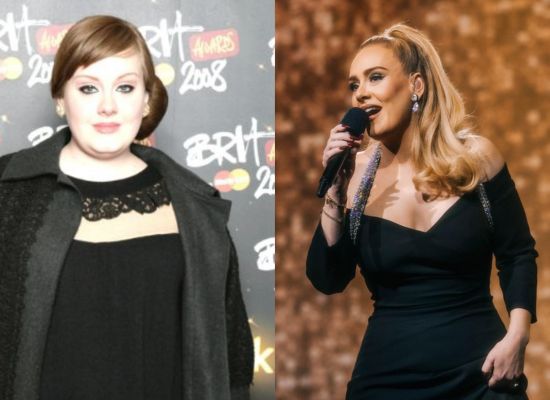 Photo of Adele before weight loss on the left and after weight loss on the right.